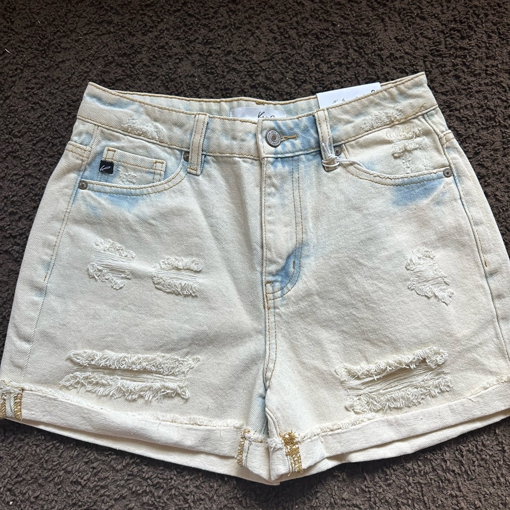 KanCan Blue High-Waisted Jean Shorts with Distressed Look